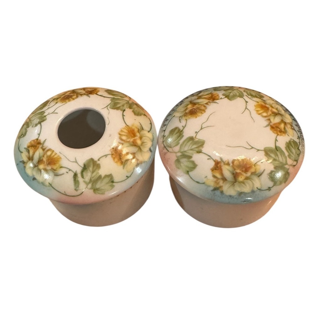 Antique German Porcelain Hair Receiver Trinket Box‎ Set Yellow Floral Gold Trim